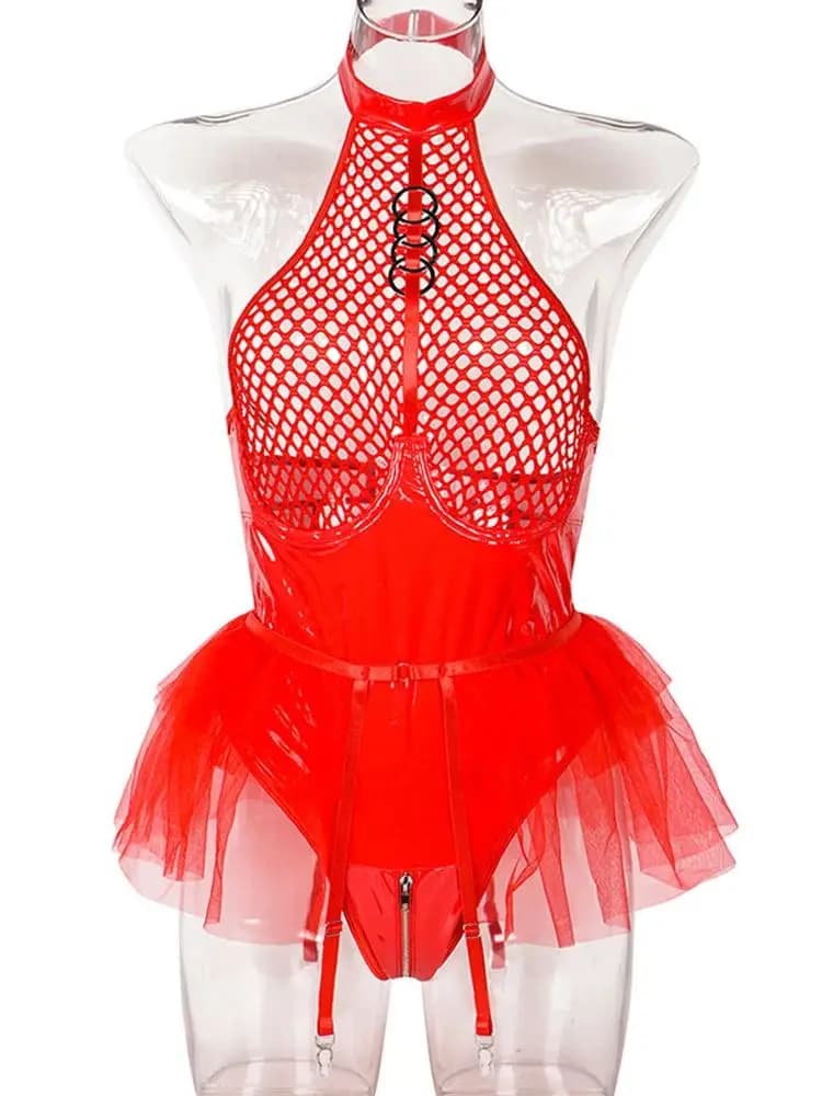 S-XXL Halter Wet Look PVC Mesh swimsuit Shiny PU Leather Zipper with opening on horse Body tights Sexy Cosplay Body Teddies Clubwear