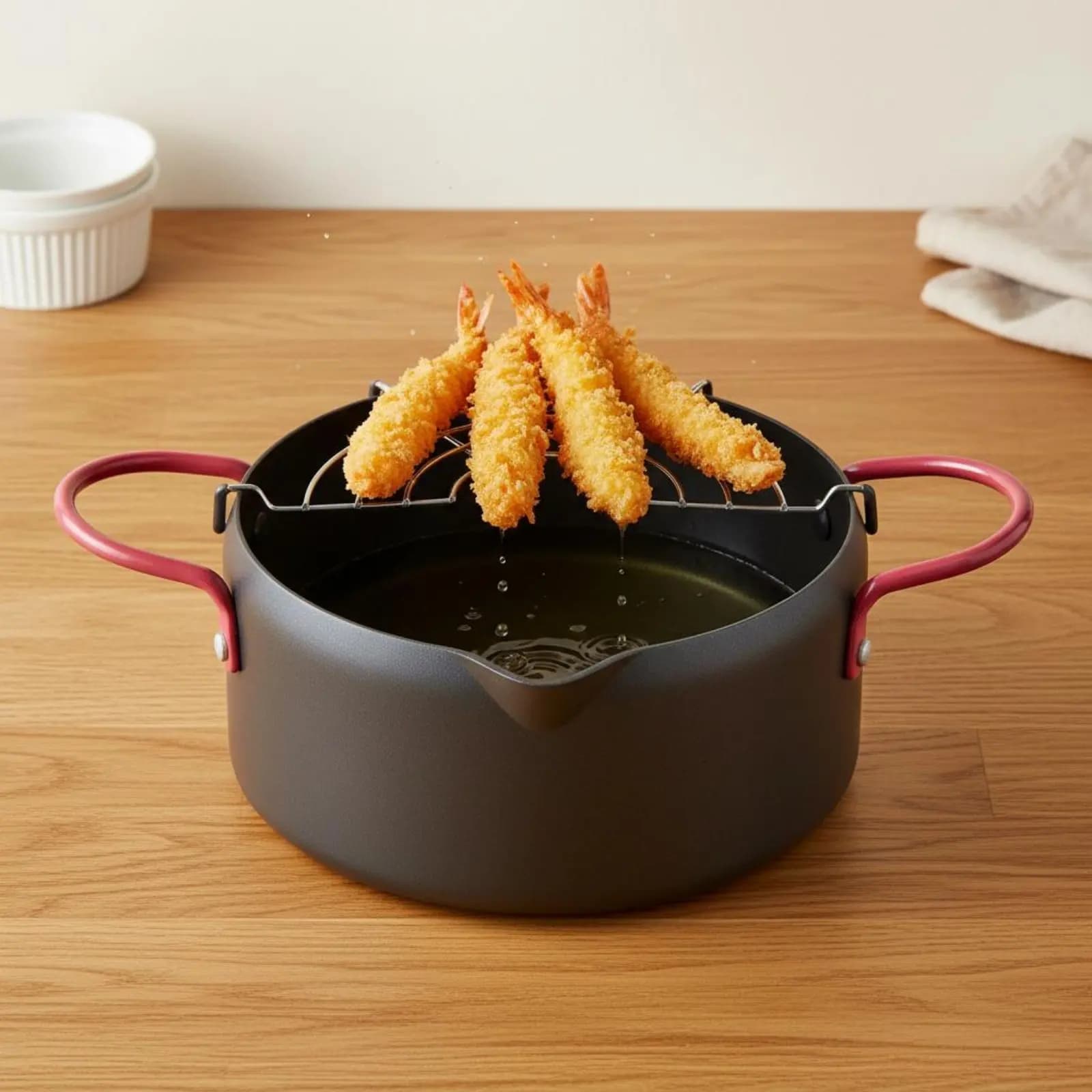 Pentola Giapponese per Frittura Impanata Compatibile con Gas e Induzione, Pentola da Cucina con Beccuccio a V per Versare
