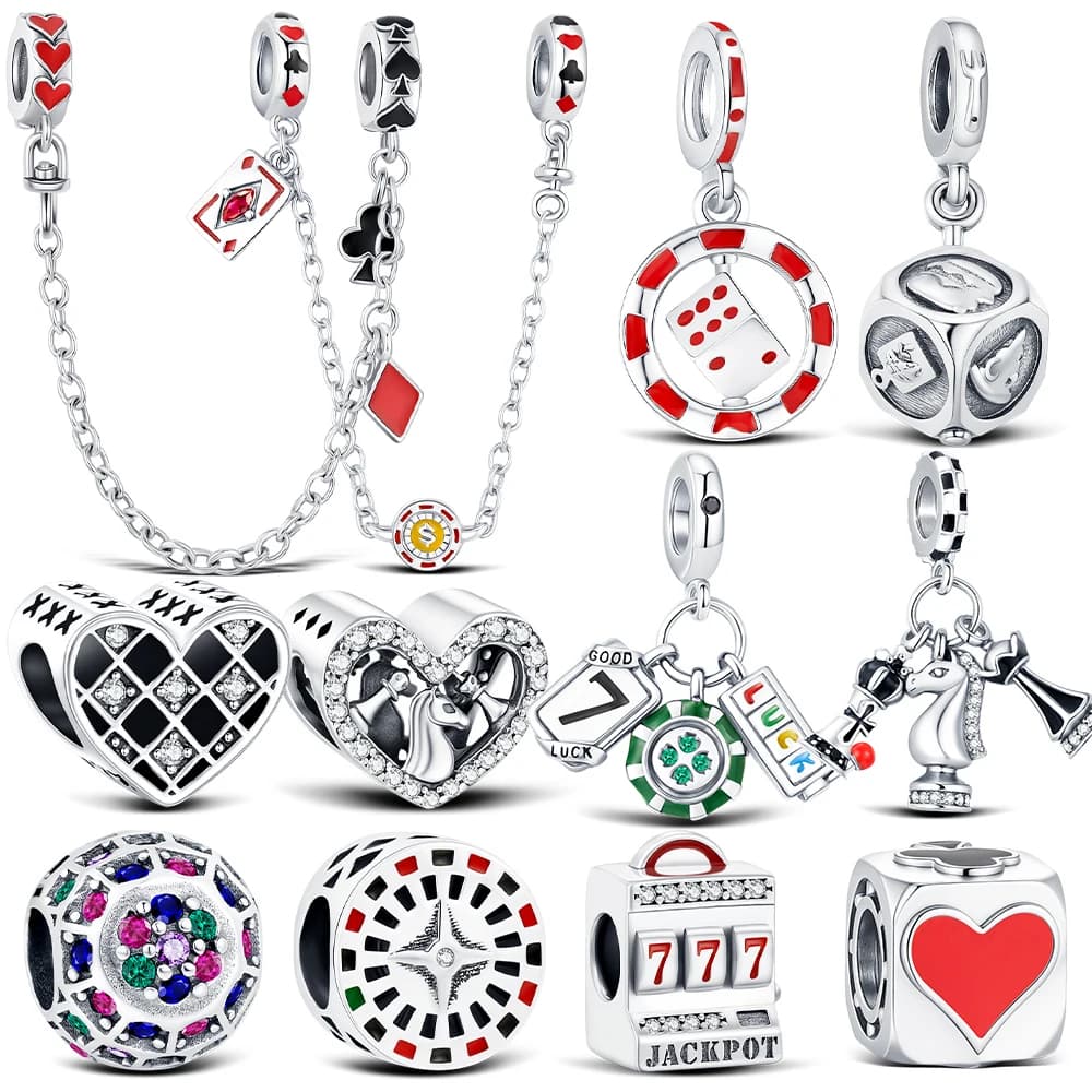 New Sterling Silver Casino Poker Lucky Charms Dice Slot Machine Pendants Jewelry Making For Classic Bracelet Ladies DIY Gifts