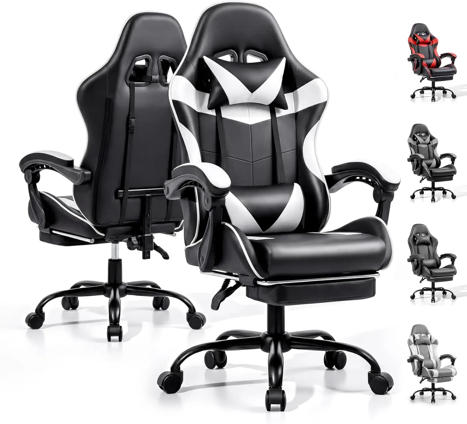 Ergonomic Gaming Chair with Footrest, Lumbar Support, Height Adjustable, 360° Swivel, Black & White