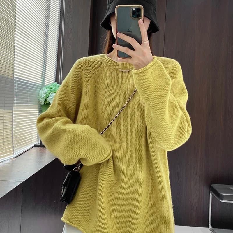 Maglione O-Collo da donna in lana merino 100% donna coreana autunno inverno moda pullover a maniche lunghe top in maglia tinta unita allentato