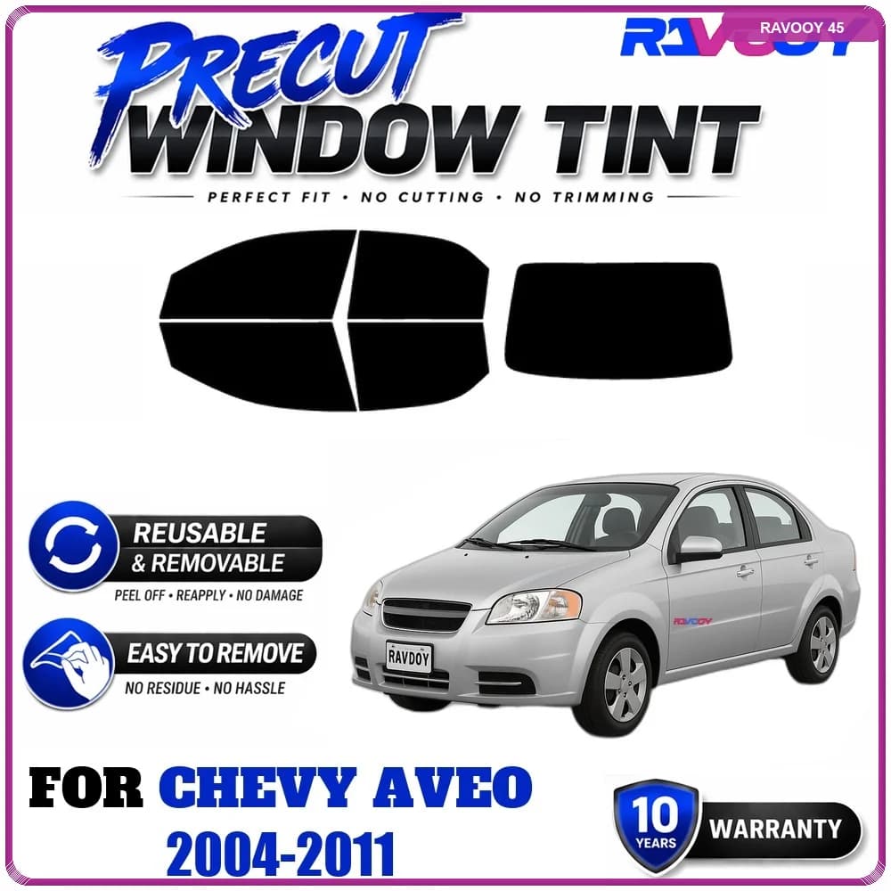RAVOOY Precut Window Tint, Reusable Removable EPU Film, Custom Fit for Chevy Aveo 2004-2011, UV Heat Protection