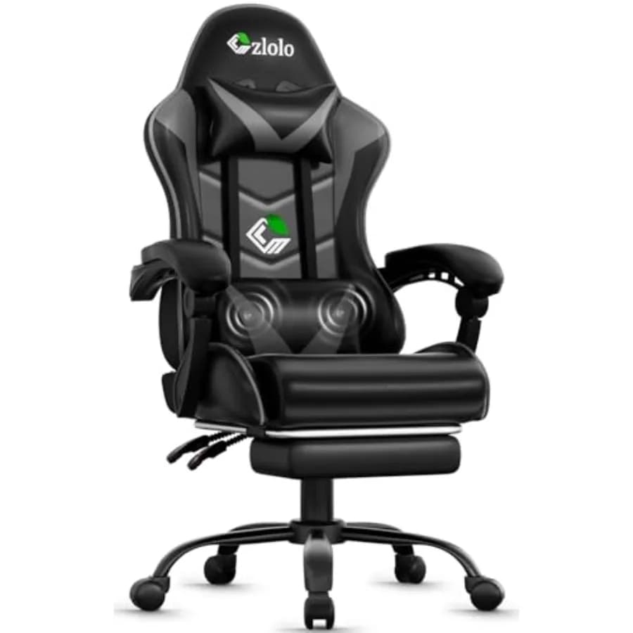Sedia da Gaming con Poggiapiedi, Stile Racing, Supporto Lombare, Massaggiatore, Gambe in Metallo, Schienale Alto Reclinabile