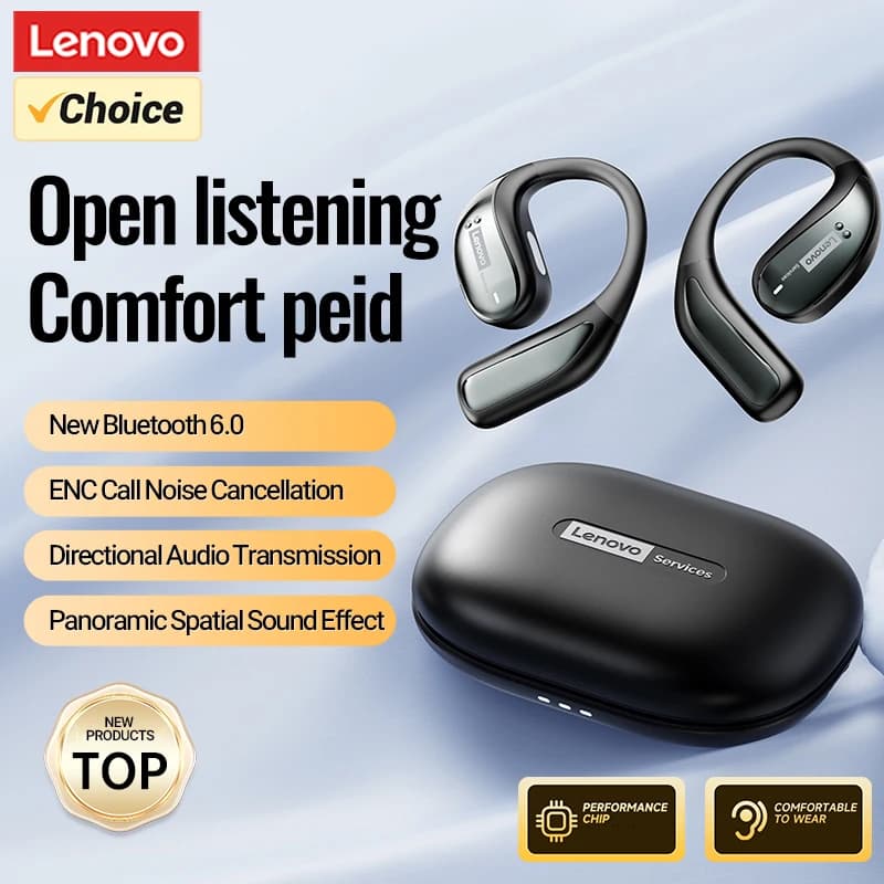Auricolari Wireless Lenovo LE505 OWS con Gancio per Orecchio, Connessione Bluetooth 6.0 a Bassa Latenza, Lunga Durata della Batteria, Impermeabili e per Musica