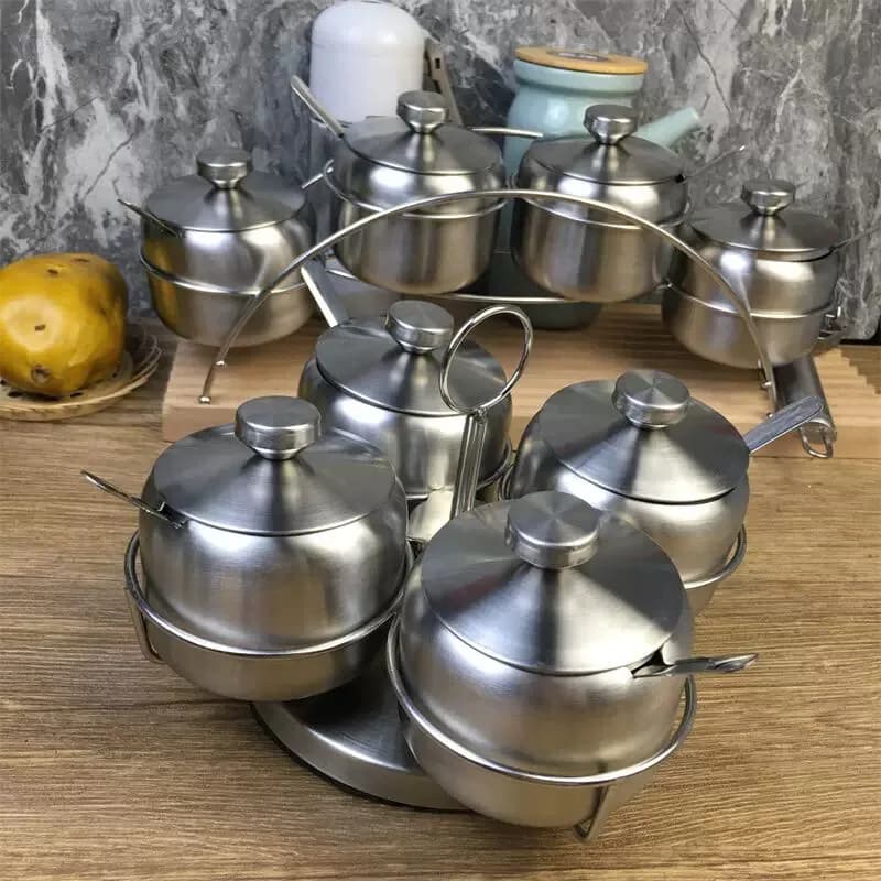 Set di Contenitori per Spezie in Acciaio Inox 304 per Cucina, Quattro Scomparti, Uso Domestico, Saliera, Macinapepe, Utensili da Tavola