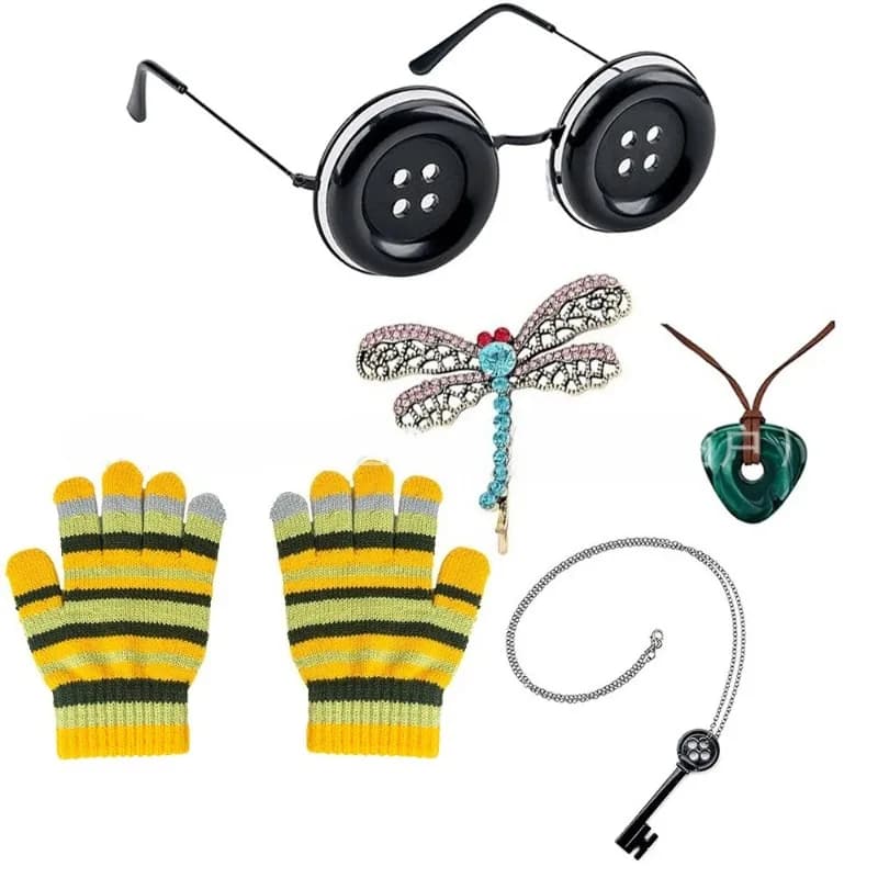 Set Cosplay Coraline: Collana, Fermaglio per Capelli, Bottoni, Occhiali, Guanti - Regalo di Compleanno