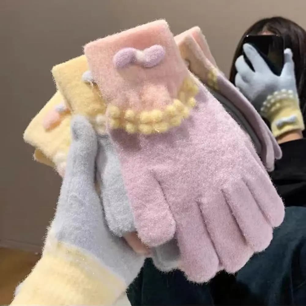 Thicken Korean Style Warm Knitted Gloves Touch-screen Bowknot Girls Winter Gloves Comfortable Soft Full Finger Mittens Daily Use