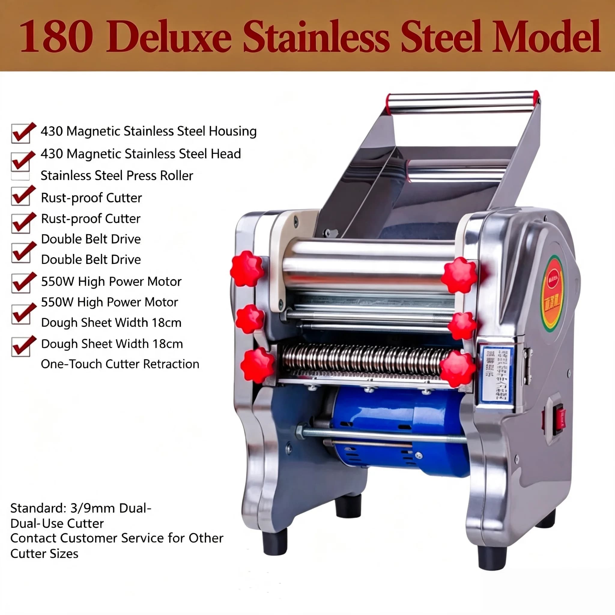 Fully Automatic Stainless Steel Noodle Pressing Machine, Small Household Commercial Dough Roller for Noodles & Dumpling Wrappers