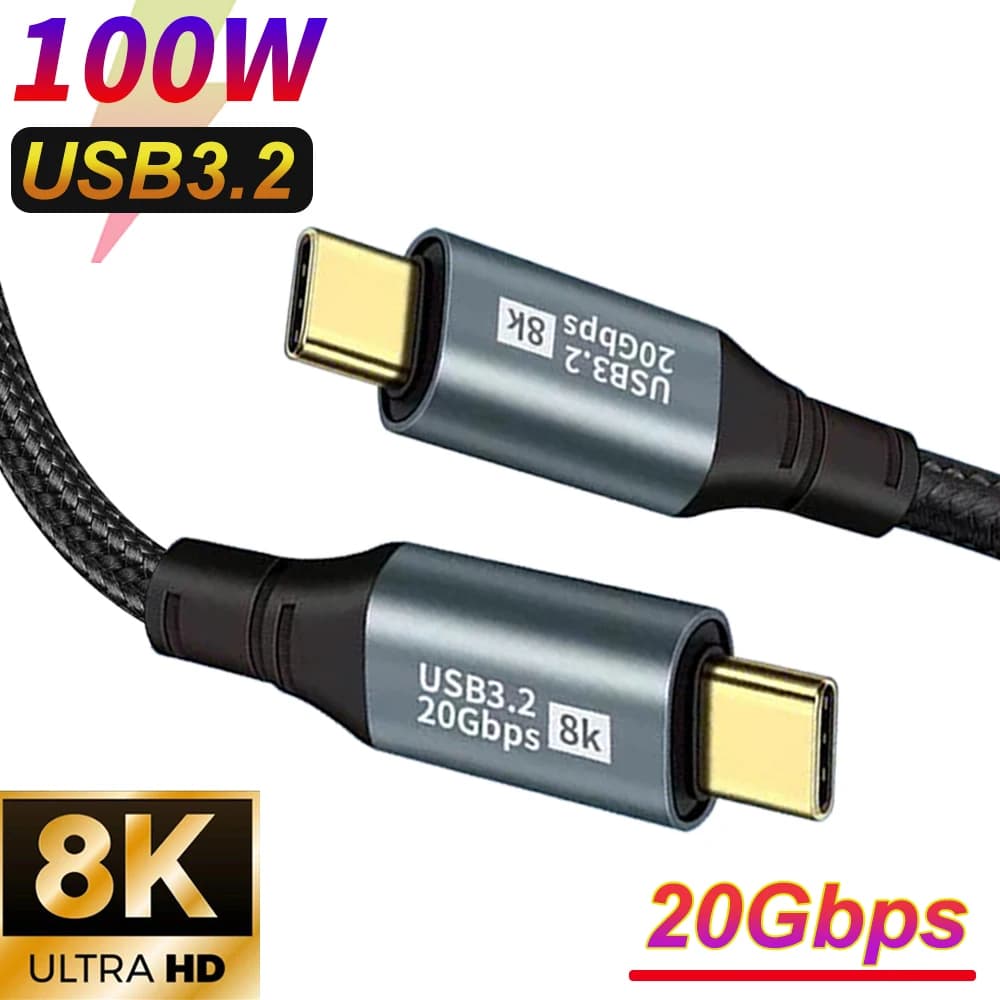 Cavo USB 3.2 20Gbps ThunderBolt 3 8K@60Hz da USB-C a USB-C da 100W per trasferimento dati e video, compatibile con iPhone, Samsung, Xiaomi, lunghezza 0,5m, 1m, 2m, 3m
