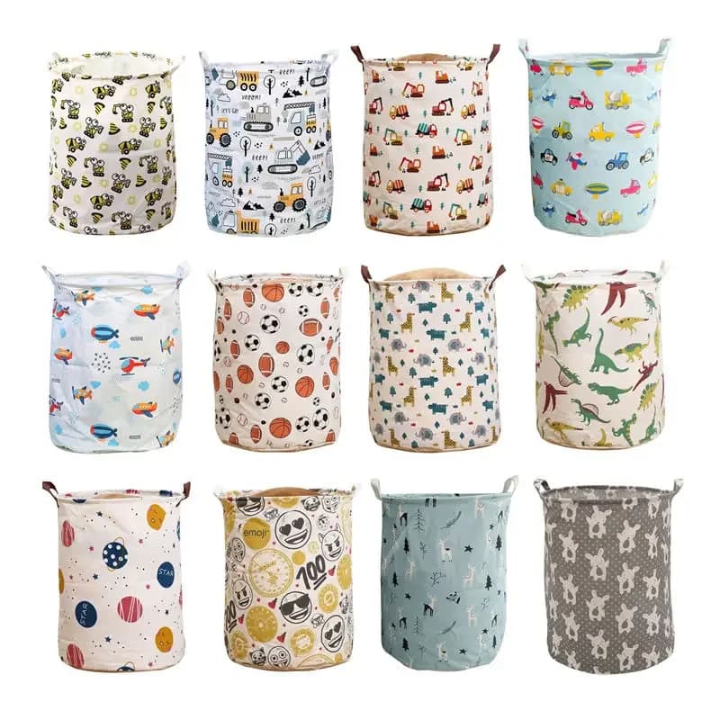 Large Size Dirty White Paper Cartoon Pattern Cartoon Bucket Foldable Children Bag Organizer for Toys with Waterproof Layer