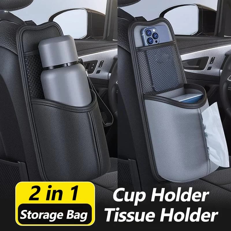 Borsa portaoggetti per auto 2 in 1 Porta fazzoletti laterali per sedile in pelle PU resistente all'usura/portabicchieri Organizzatore per auto sospeso Rete portaoggetti universale