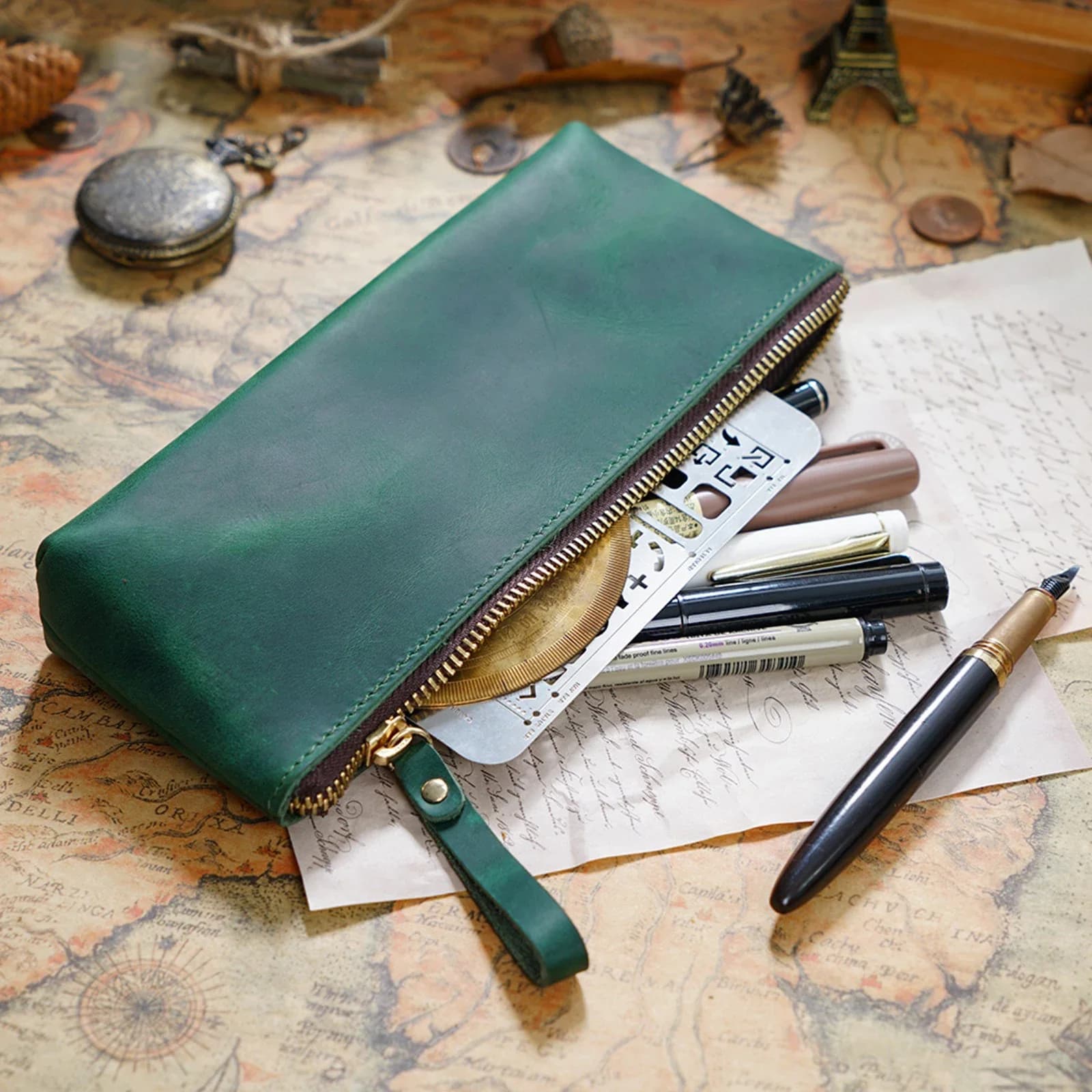 Genuine Leather Zipper Pencil Case for Notebooks and Journals, Large-capacity Roller Ball Pen Bag for School Office and Travel