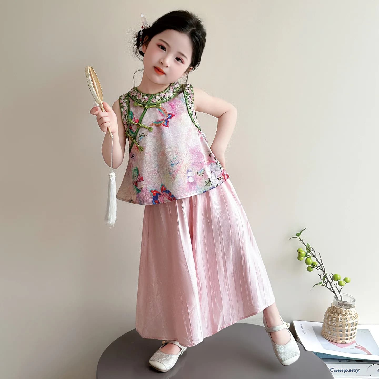 Summer Girls' Chinese Style 2-Piece Outfit Kids Butterfly Print Sleeveless Top & Maxi Skirt Traditional Costume for Toddlers