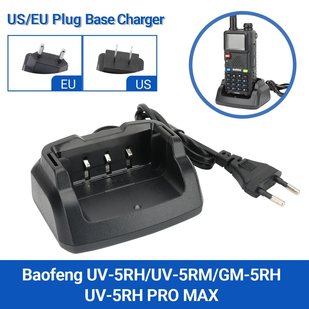 Caricabatterie da Tavolo Baofeng UV-5RH con Spina US/EU, Base di Ricarica Originale per Walkie Talkie Baofeng UV5RH AR-5RM