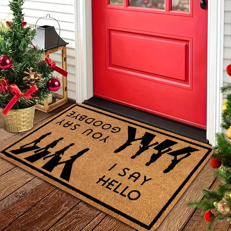 1 zerbino di benvenuto con supporto antiscivolo: design "I Say Hello, You Say Goodbye", tappetino rettangolare in poliestere lavabile per la casa
