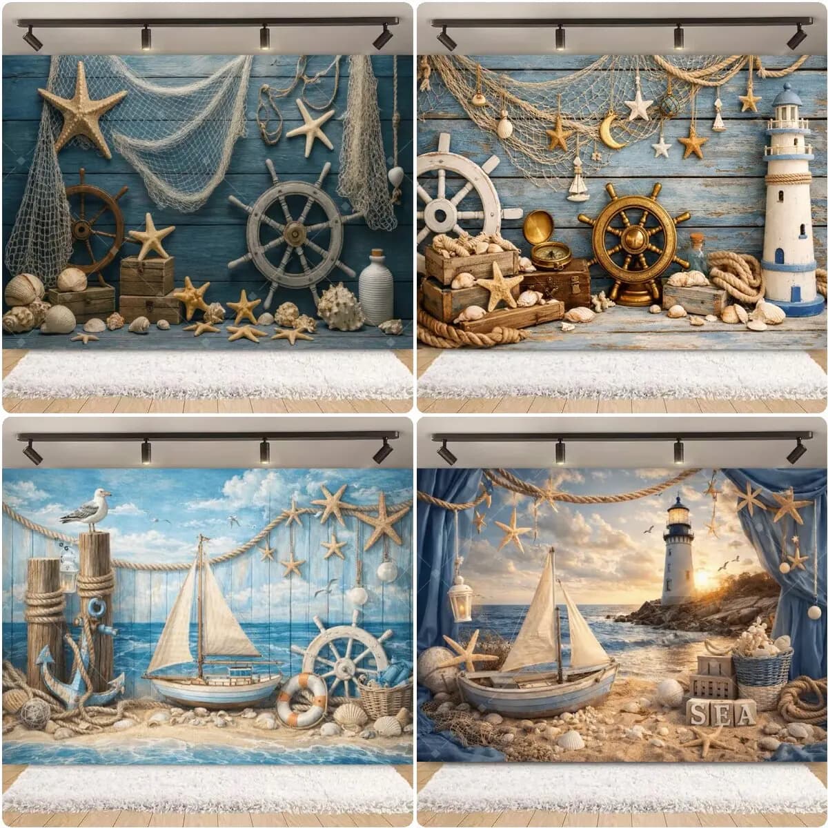 Sfondo Nautico Vintage Blu con Barca a Vela, Stelle Marine e Rete da Pesca, Banner per Feste di Compleanno Estive a Tema Spiaggia per Bambini