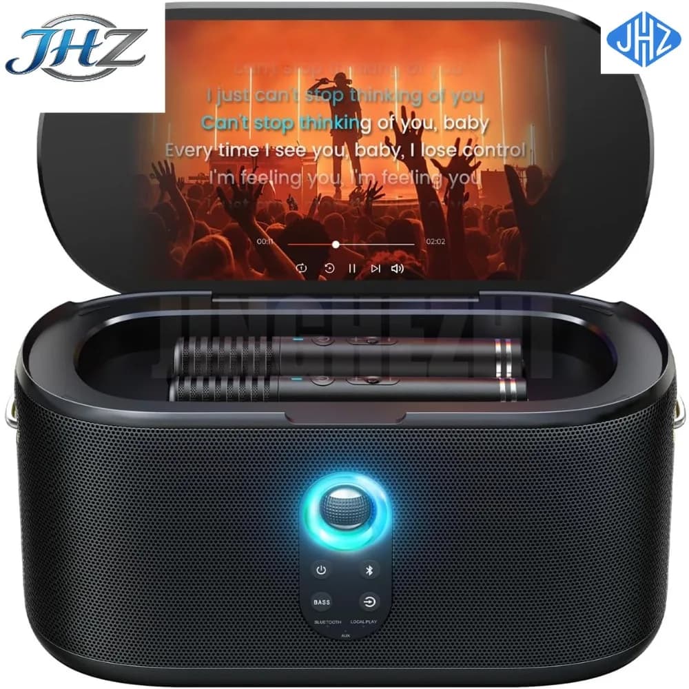 JHZ per Macchina Karaoke per Adulti, con Display Testi, Schermo da 10.1'', 280W, 2+2 Canali, 2 Microfoni Wireless, EQ Autotune, Ricarica Automatica
