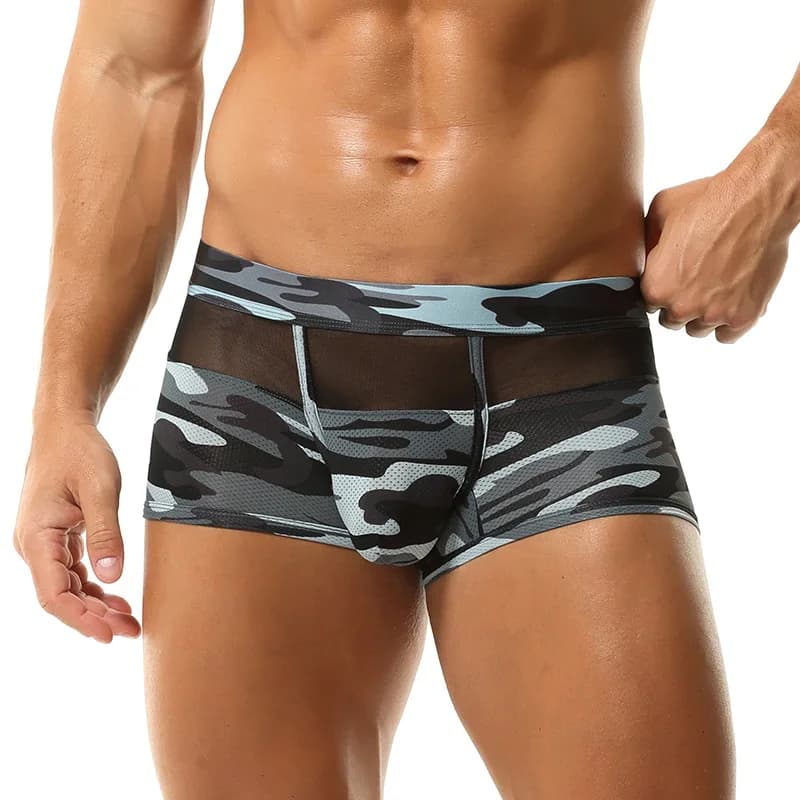 Moda Camouflage Stampa Biancheria intima da uomo sexy Maglia di seta del ghiaccio U Custodia rigonfia Mutandine da uomo Traspirante Boxer elastici a vita media
