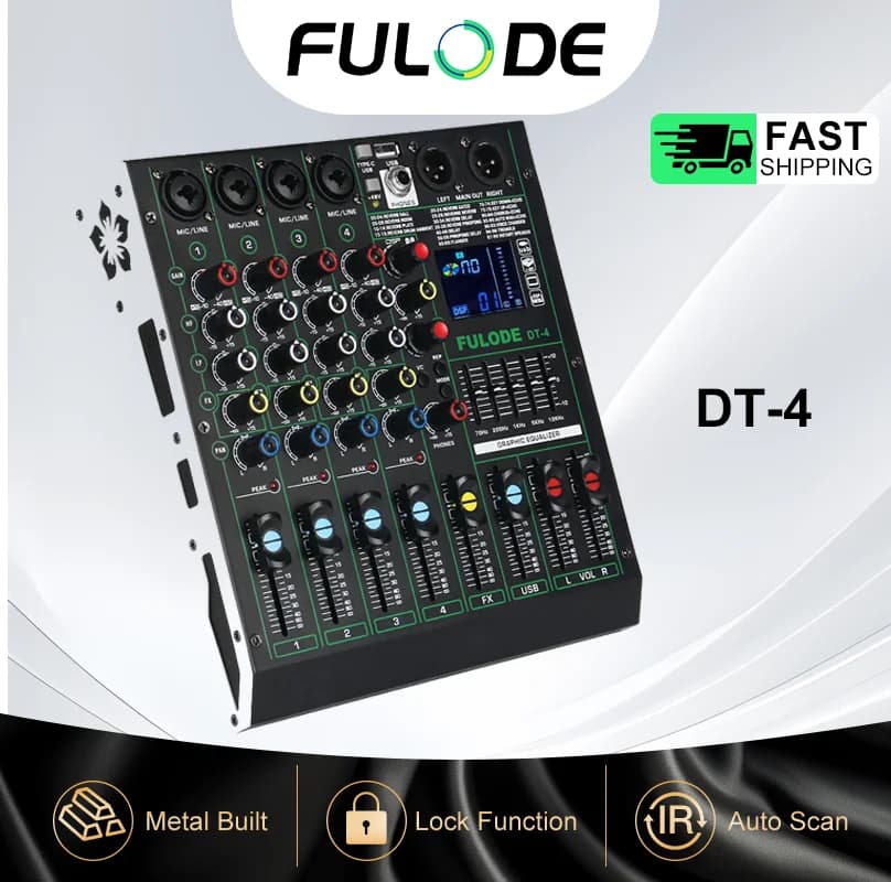 Mixer Audio a 4 Canali con Alimentazione Phantom 48V, Mixer Audio USB da Studio, Console DJ Bluetooth per Karaoke