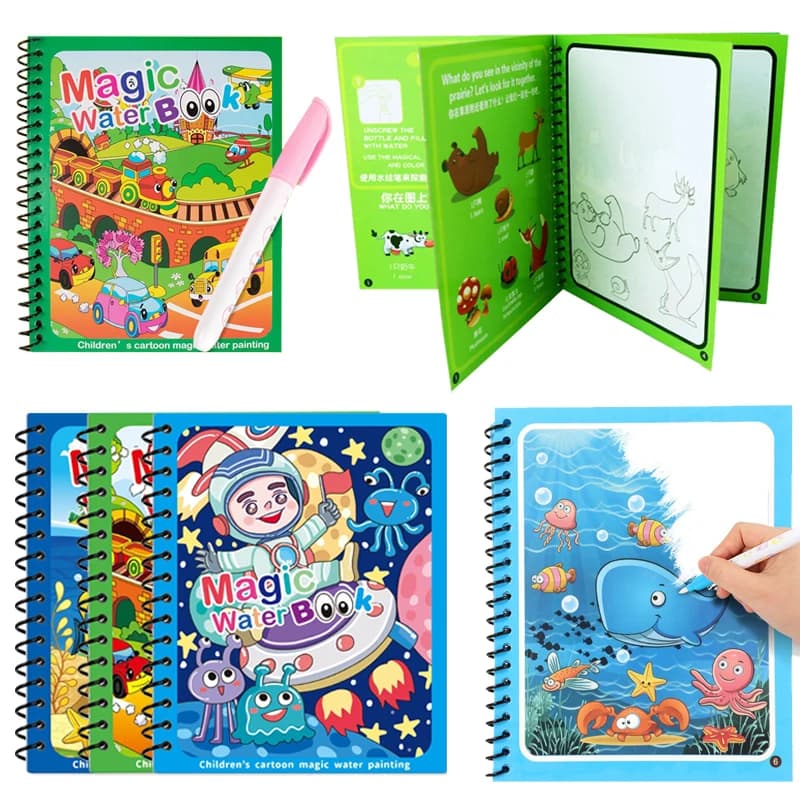 1 Set Magic Water Drawing Book Colorful Montessori Reusable Painting Book with Water Brush Birthday Festival Graffiti Gift ZYF