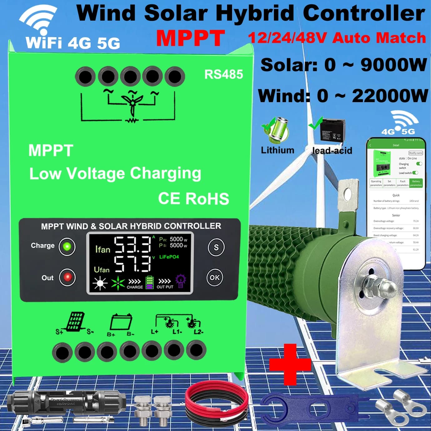 12V 24V 48V 4000W WIFI Regolatore ibrido solare eolico 160A 100A 80A Pannello solare Turbina eolica Scheda MPPT Regolatore di carica della batteria