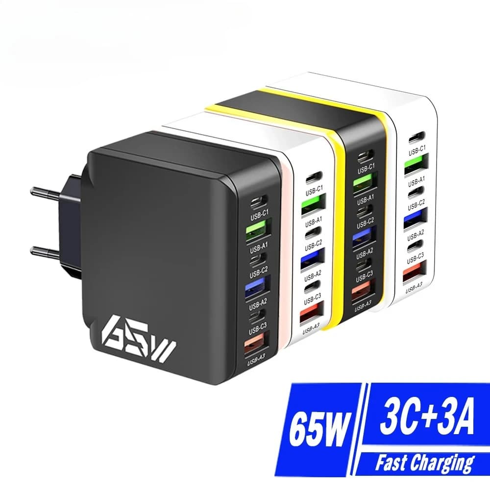 Caricatore USB PD a 6 porte da 65W, ricarica rapida QC3.0, adattatore da parete USB C per iPhone 17 16 Pro, Samsung, Xiaomi