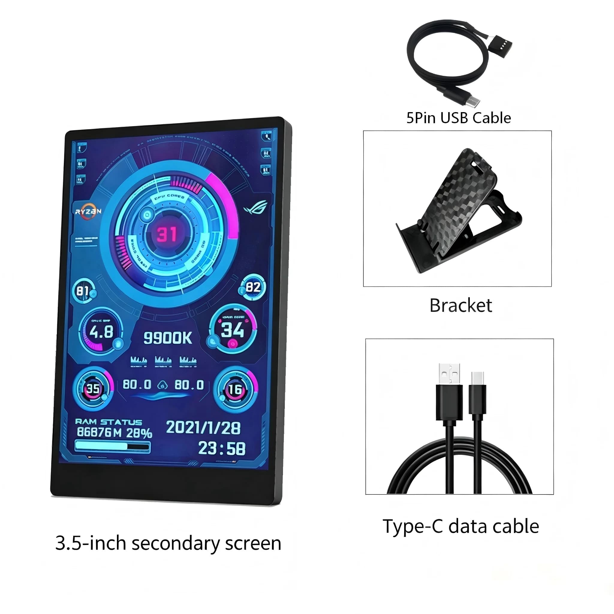 Schermo Secondario IPS da 3,5 Pollici Tipo-C USB per Monitoraggio CPU GPU RAM HDD, Compatibile con AIDA64 per Computer PC