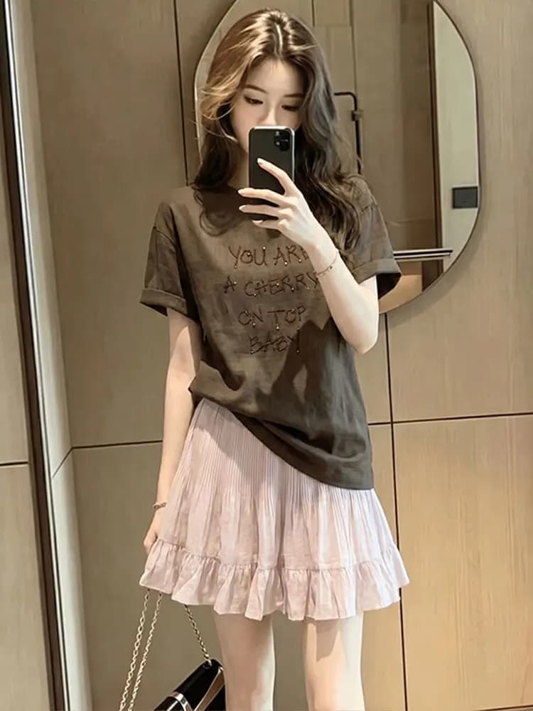 Casual Loose Printed Short Sleeve T-Shirt And High Waist Skirt Two-Piece Set for Women Summer Fashion Outfit Breathable Mediu...