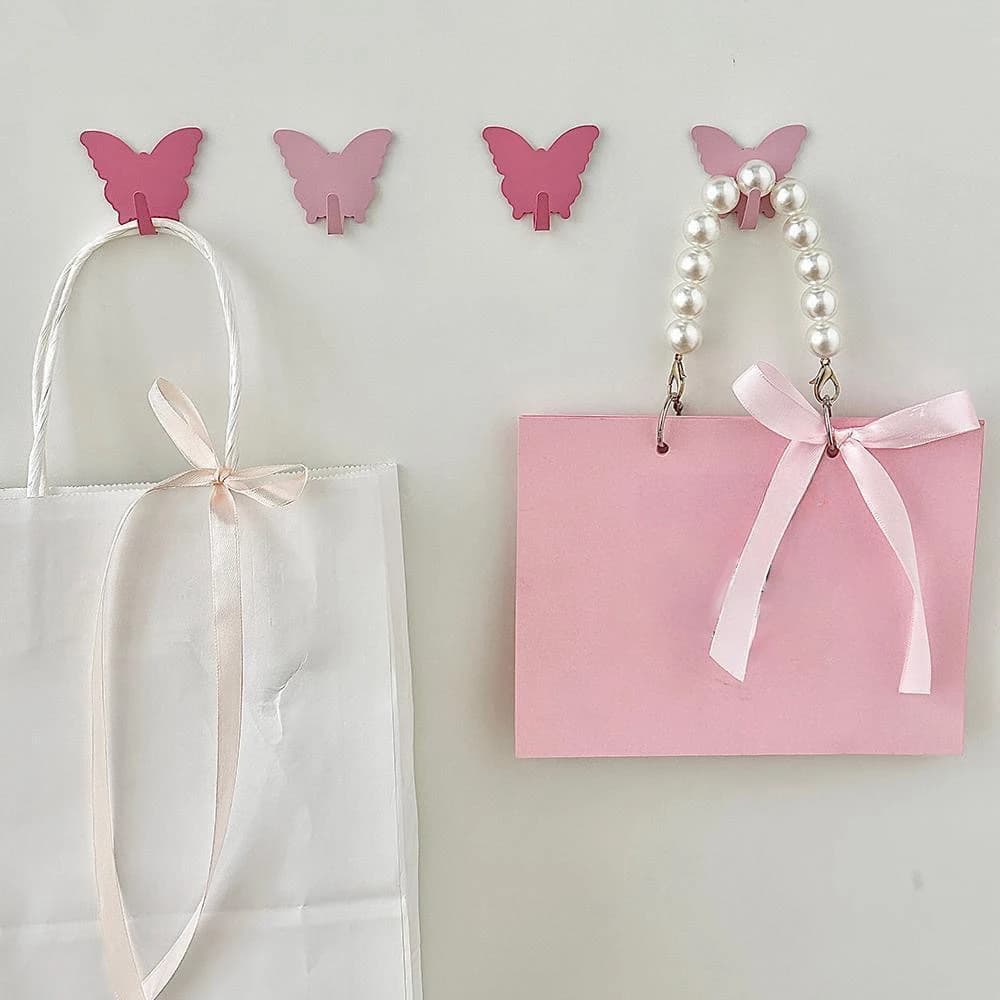 3PC Pink White Butterfly Shape Metal Multi-Purpose Hook Cute Girl Bedroom Wall Sticky Hook Key Mask Organizer Room Decor