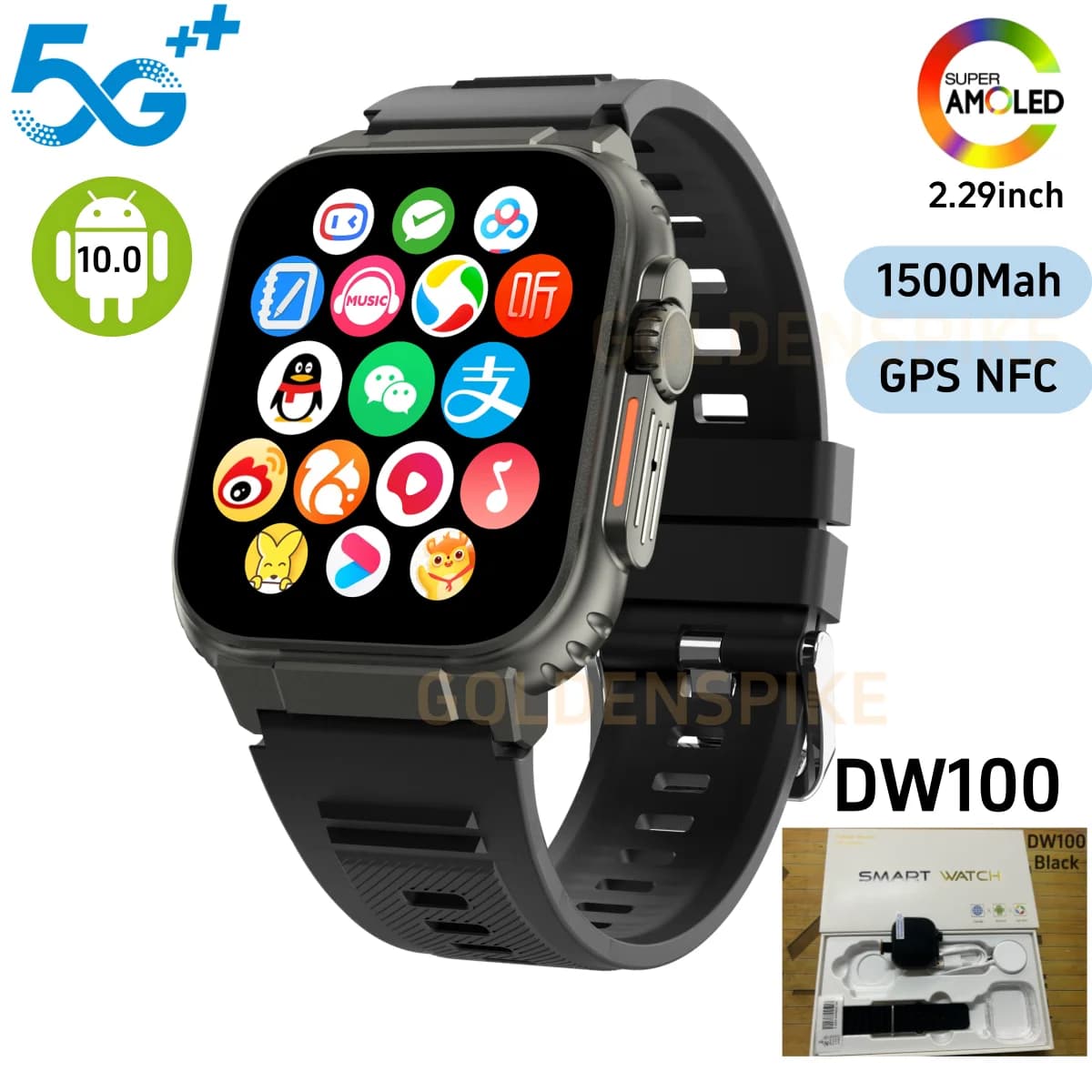 Smart watch Goldenspike 4G/5G LTE Android Smartwatch DW100 with big screen Amoled 2,29 inch 1500 mAh Battery 800 W Rotating Camera