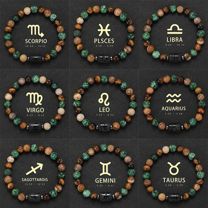 Braccialetti in Pietra Naturale 12 Costellazioni Leone Bilancia Scorpione Sagittario Bracciali per Donne Uomini Coppie Gioielli dell'Amicizia
