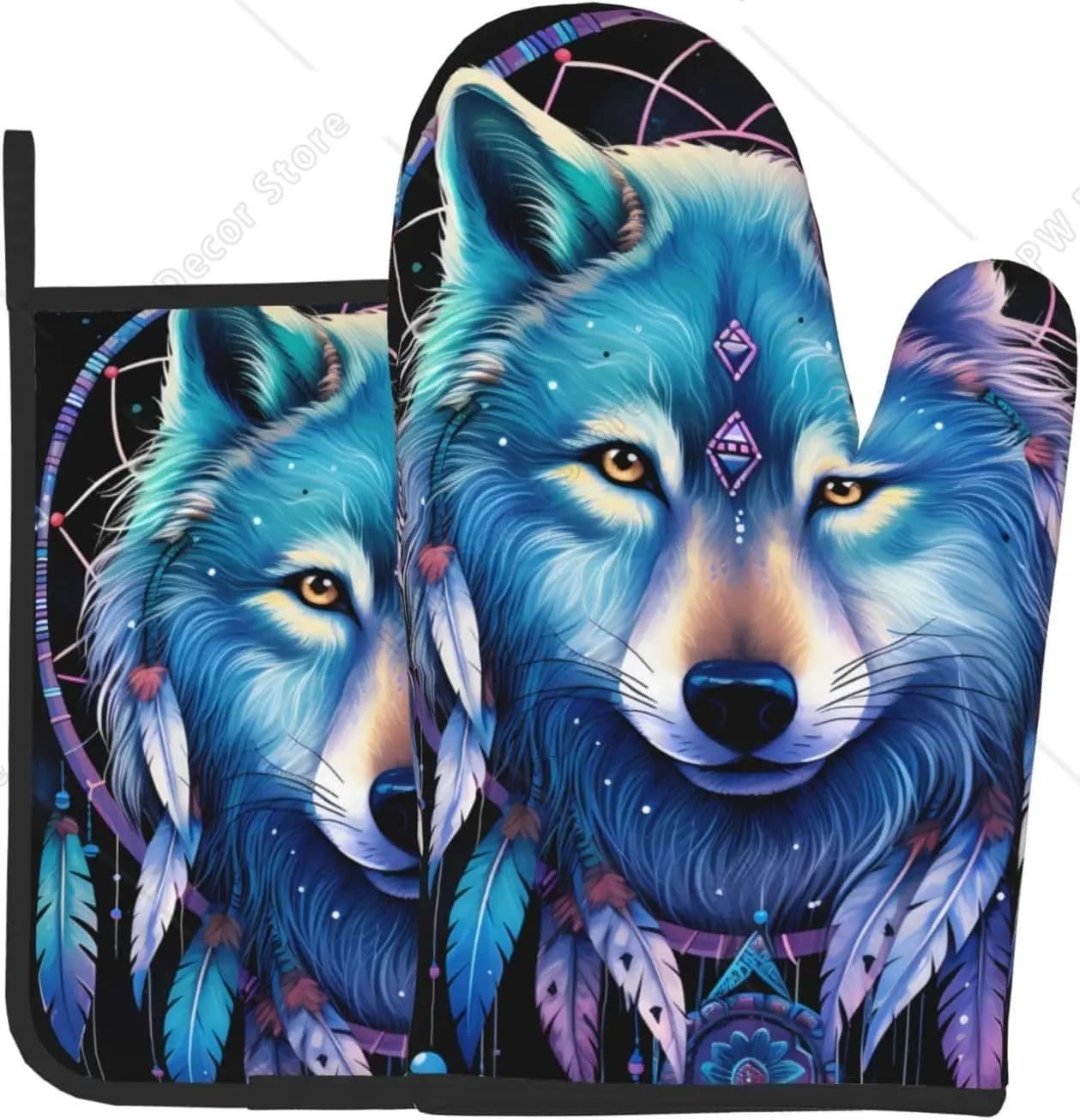 Wolf Dreamcatcher Themed Oven Mitts and Pot Holders Set Ideal for Baking Cooking and BBQ