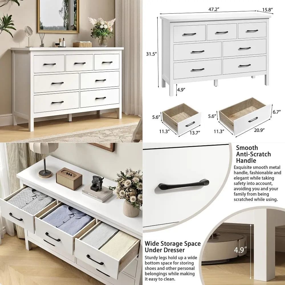 6 Drawer Rattan Dresser for Bedroom,Boho 47.2 Wide Wood Chest of Drawers,Dresser TV Stand with Metal Handle,Large Storage Close