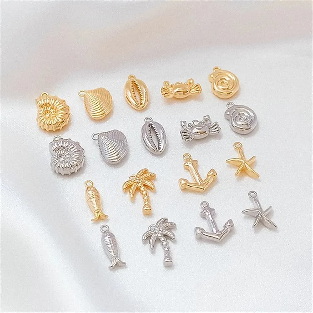 Bracciale fai da te con ciondolo albero di cocco, conchiglia, stella marina, serie Ocean placcata in oro 14k, ciondolo granchio