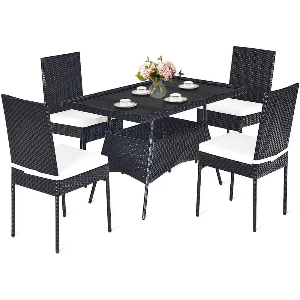 5 Pieces Patio Rattan Dining Set, Outdoor Wicker Bistro Table Set with Glass Tabletop & 4 Cushioned Chairs, ern Dining urniture