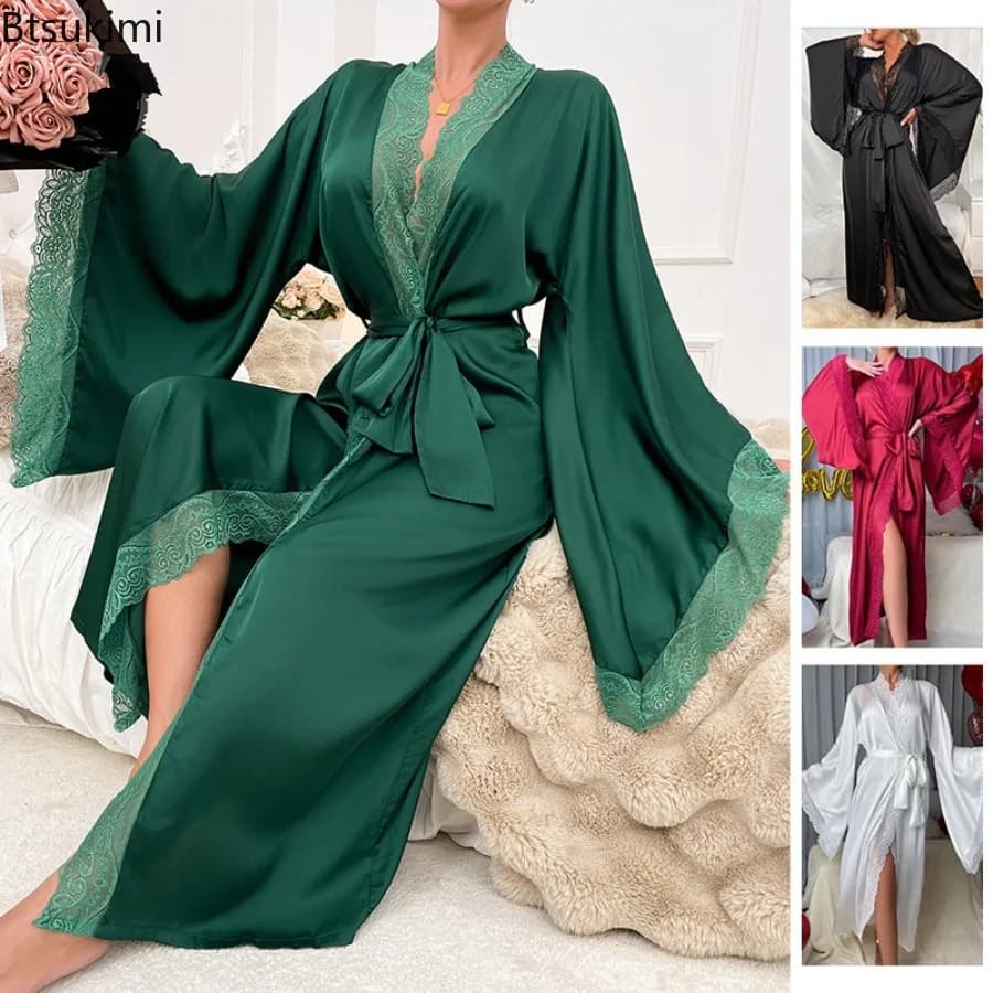 Kimono Women's Long 2026, Sexy vigil with Lace inserts, Lace-up, Satin-plated bell sleeves, Stylish Night shirt