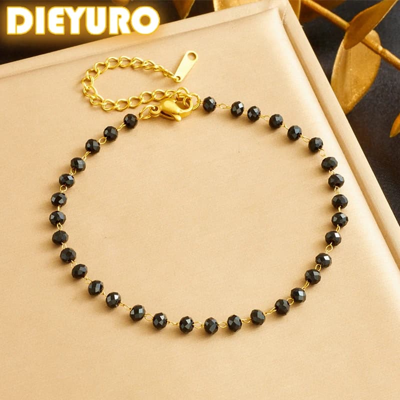 DIEYURO Bracciale in pietra di vetro nero in acciaio inossidabile 316L per le donne Ragazza Tendenza Tendenza concisa Regalo di gioielli con catena a mano che non sbiadisce