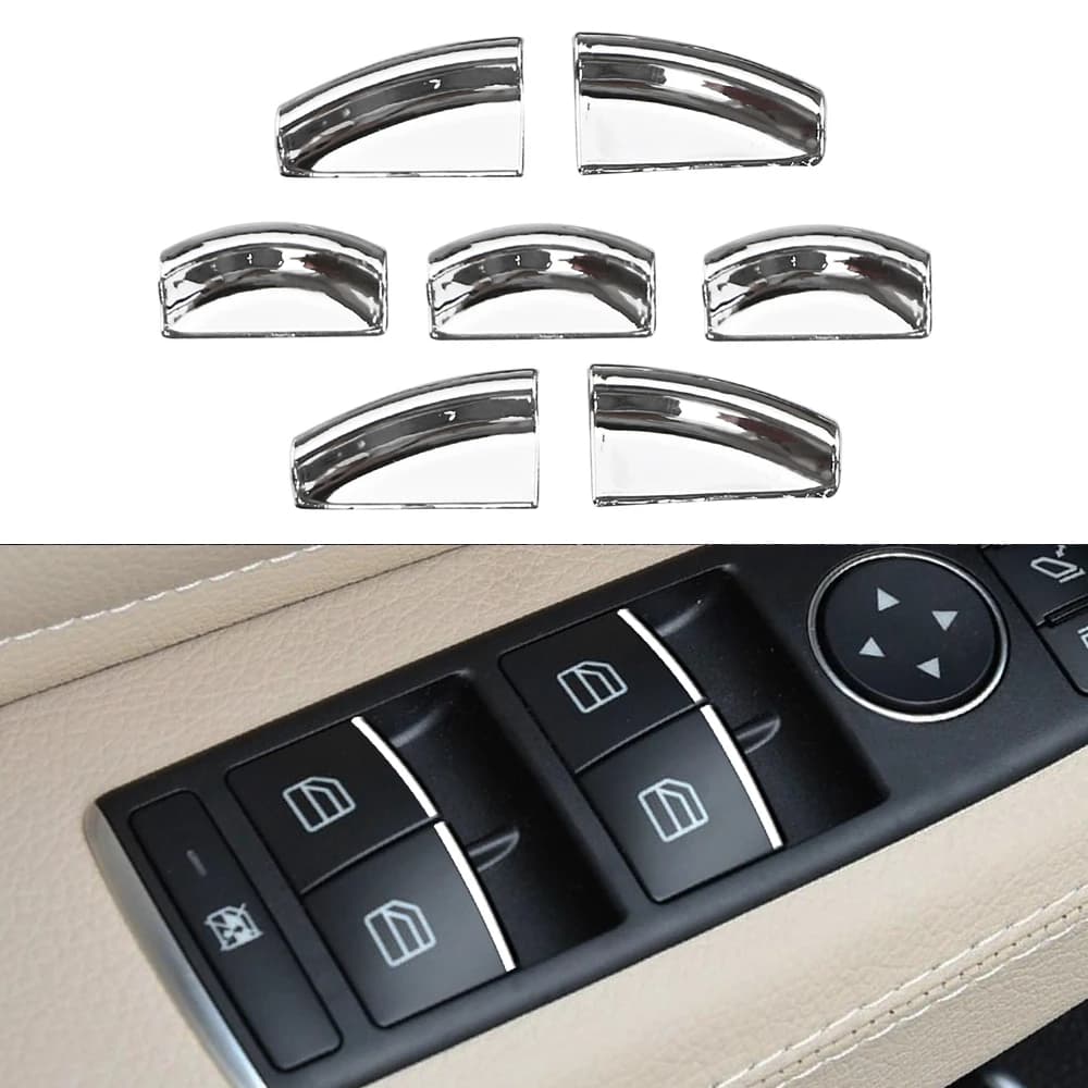 7 pz Chrome Auto Porta Finestra Ascensore Pulsante Adesivo Paillettes per Mercedes Benz E W212 C W204 GLK X204 ML GL W166 X166 Accessori