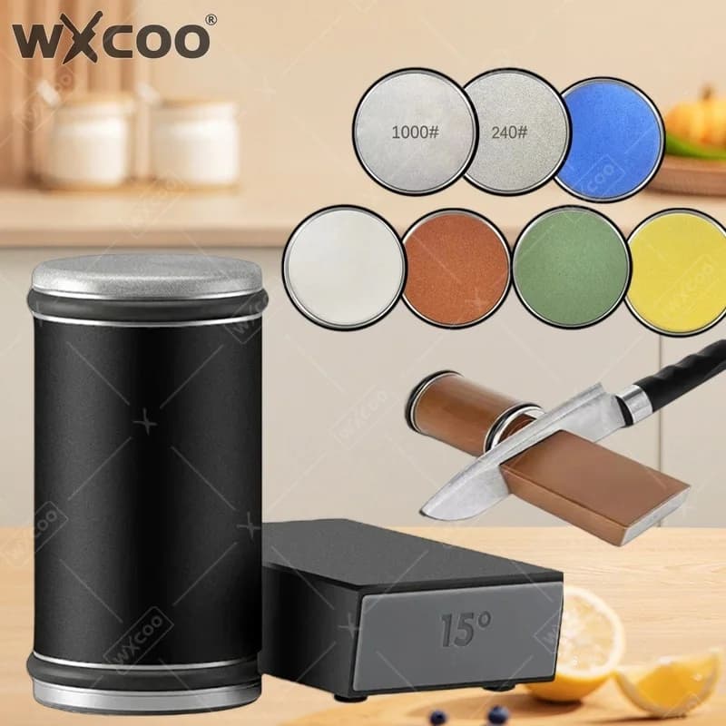 WXCOO Multipurpose Magnetic Roller for Sharpening Knives with Diamond 15 ° Roller sharpener with Angle adjustment, Kitchen tool