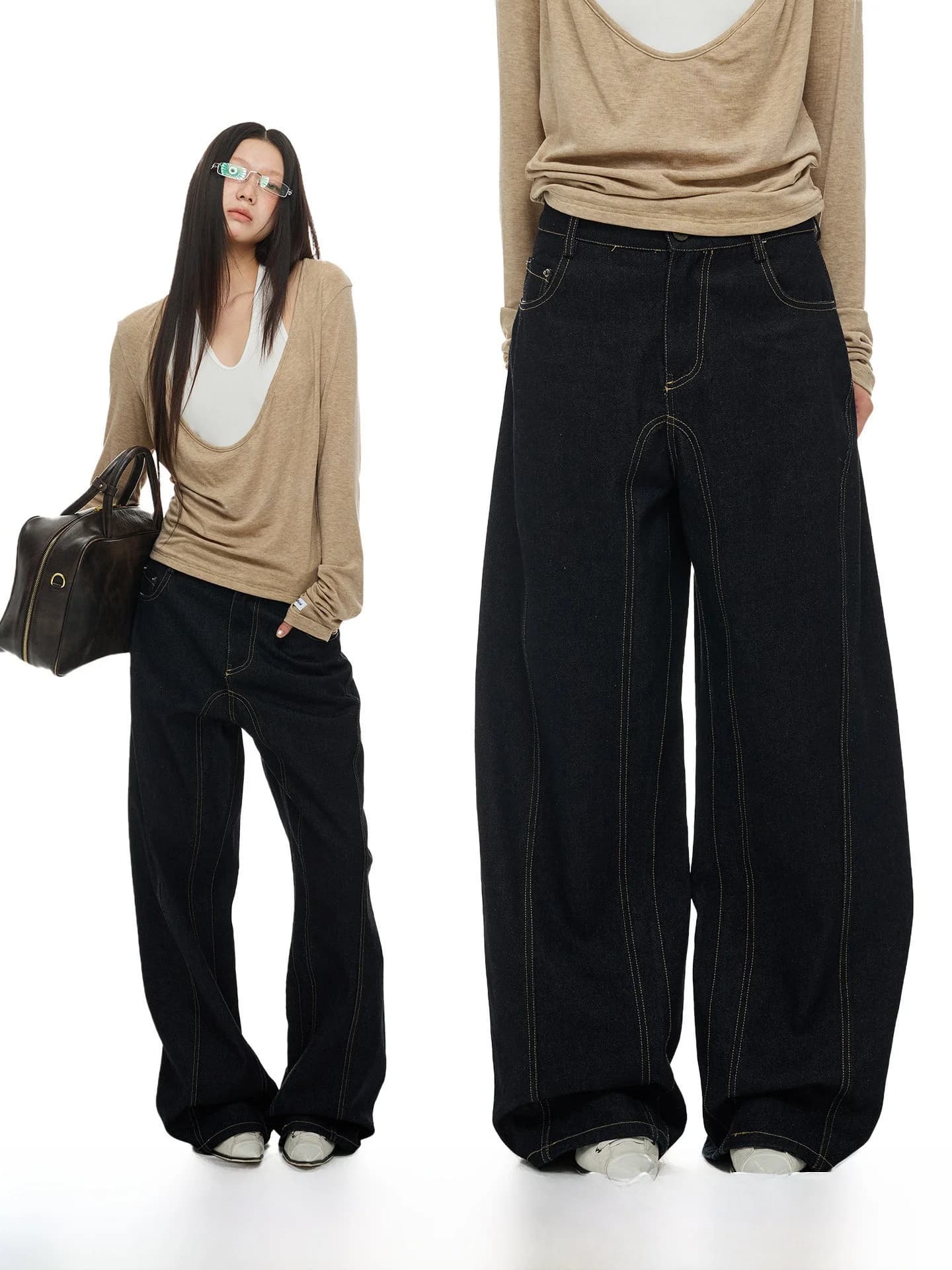 JIKOO Jeans Vintage Originali in Denim a Gamba Larga, Pantaloni Casual da Donna a Taglio Dritto, Jeans a Vita Media Modellanti