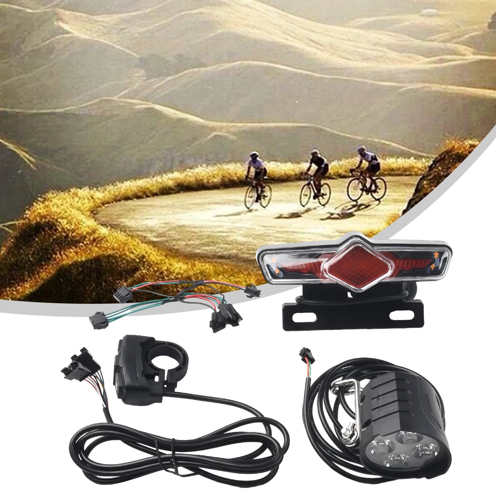 Set di Luci LED per Bicicletta Elettrica, Anteriore e Posteriore, 36V-60V, con Interruttore DK336 e Cavo, 147x44x42mm, per Retrofit E-bike