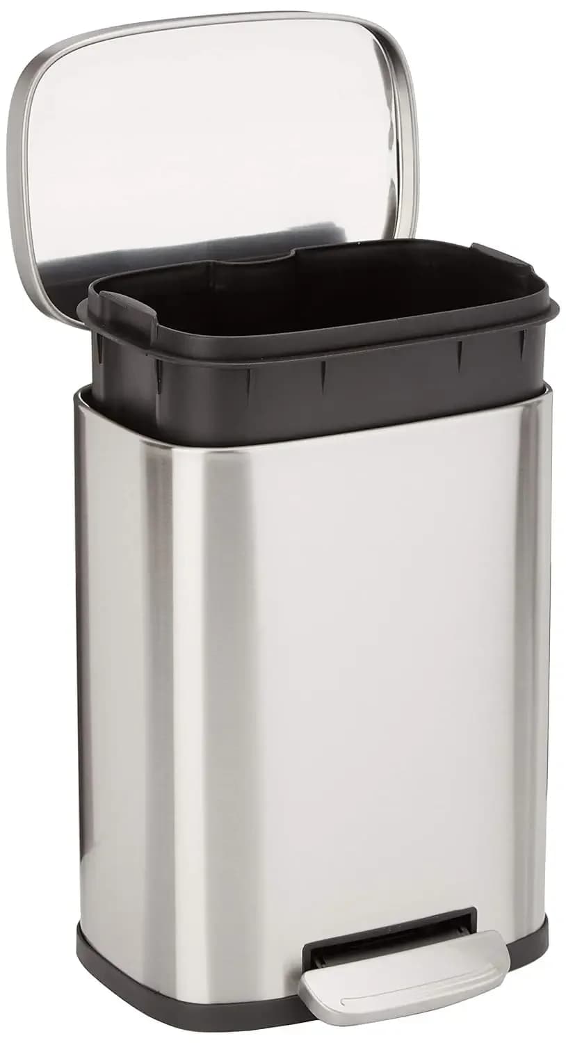 Basics MINI Trash Can, 1.32 Gallon (5L) Smudge Resistant Rectangular Bin with Soft-Close Lid, Step Foot Pedal, Removable Inner B