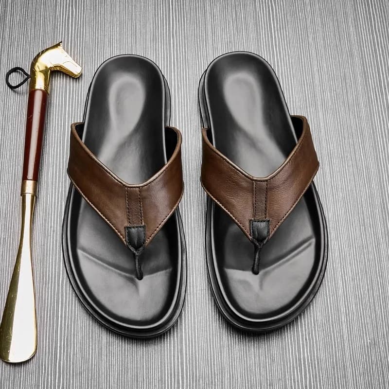 2026 Summer New Mens Genuine Leather Flip Flops Luxury Handmade Quality Comfortable Outdoor Fashion Beach Slippers Man Size 44