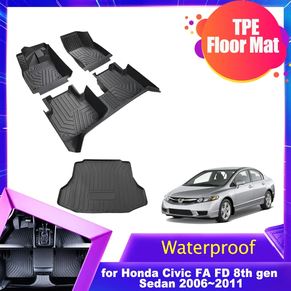 Tappetini per Auto Honda Civic FA FD 8a Generazione Sedan 2006~2011, Rivestimento in TPE per Bagagliaio, Sedili e Schienali, Impermeabili e Antiscivolo
