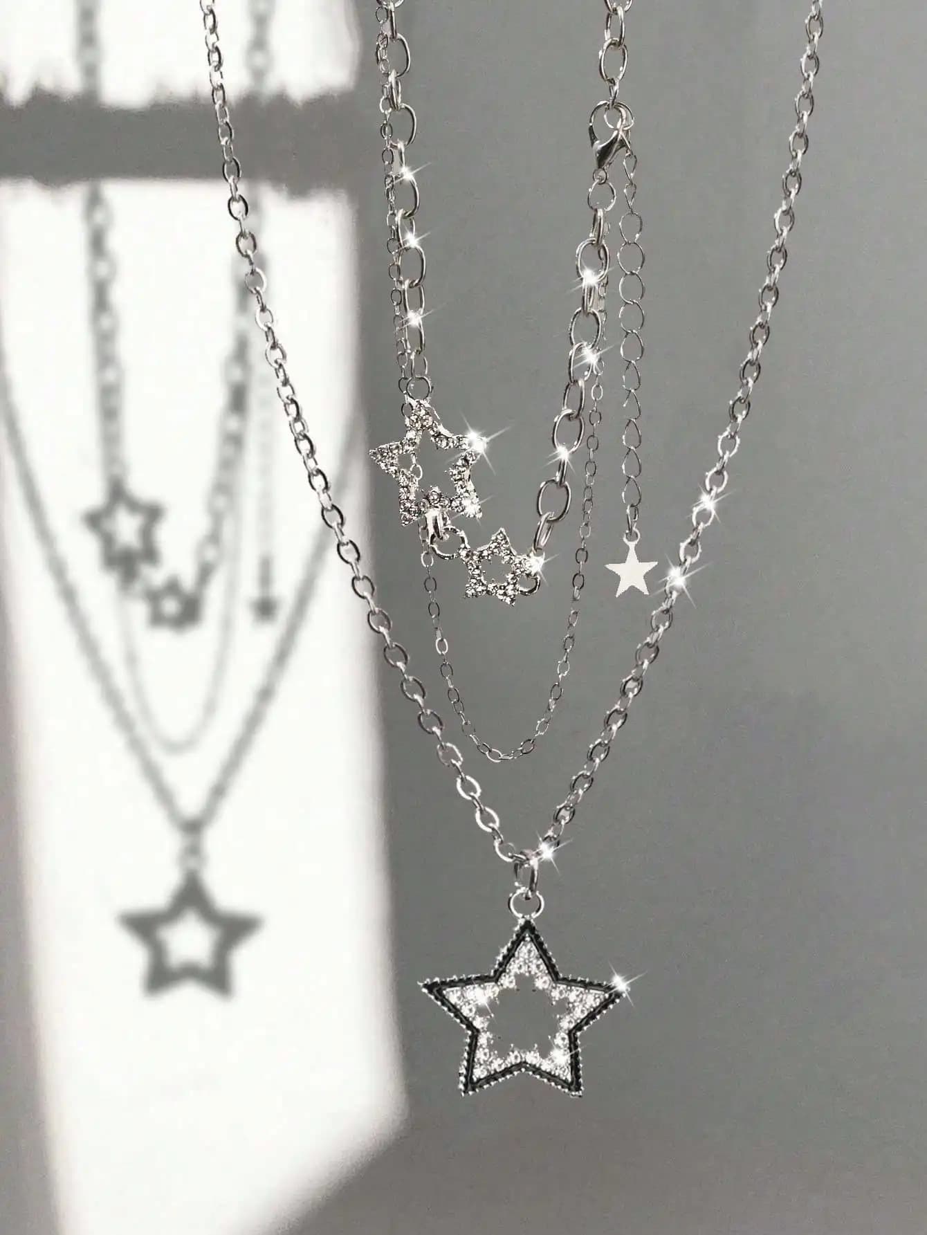 2pcs Big Star Double Layer Necklace For Women, Fairy & Hip-Hop Style, Lock Chain Necklace For Women, Y2k Necklace