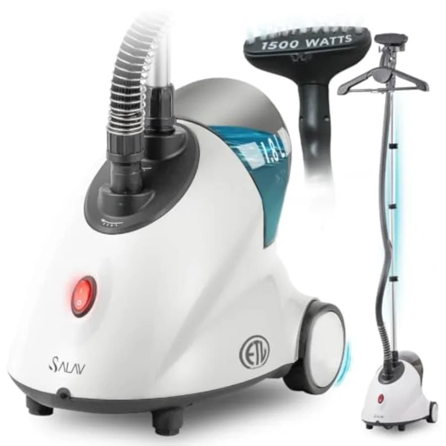 GS18 Stiratore a Vapore per Vestiti Full-Size - Potenza 1500W, Serbatoio Acqua 1.8L, Ferro da Stiro a Vapore per Indumenti con 60 Minuti di Autonomia, Asta Regolabile e Ruote