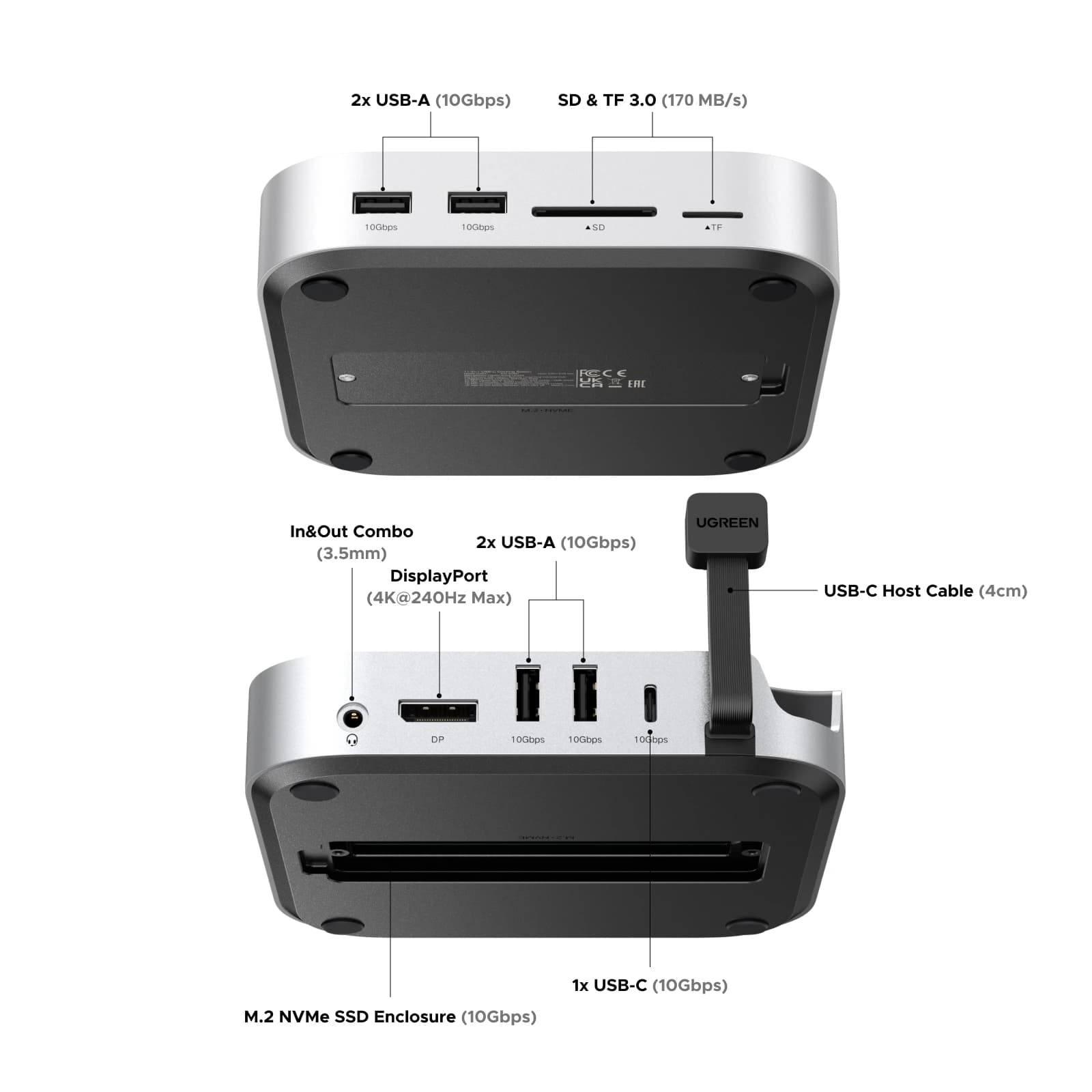 UGREEN Docking Station per Mac Mini, Hub USB Type-C a DP 4K240Hz, Slot M.2 NVMe SSD, Splitter USB-A 10Gbps, SD&TF, 3.5MM per Mac Mini M4