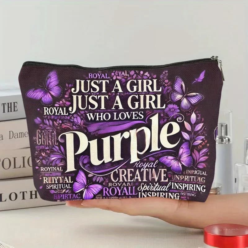 Una borsa per il trucco dal design creativo Purple Passion: simpatica custodia multifunzionale con cerniera per donna, borsa per riporre gioielli