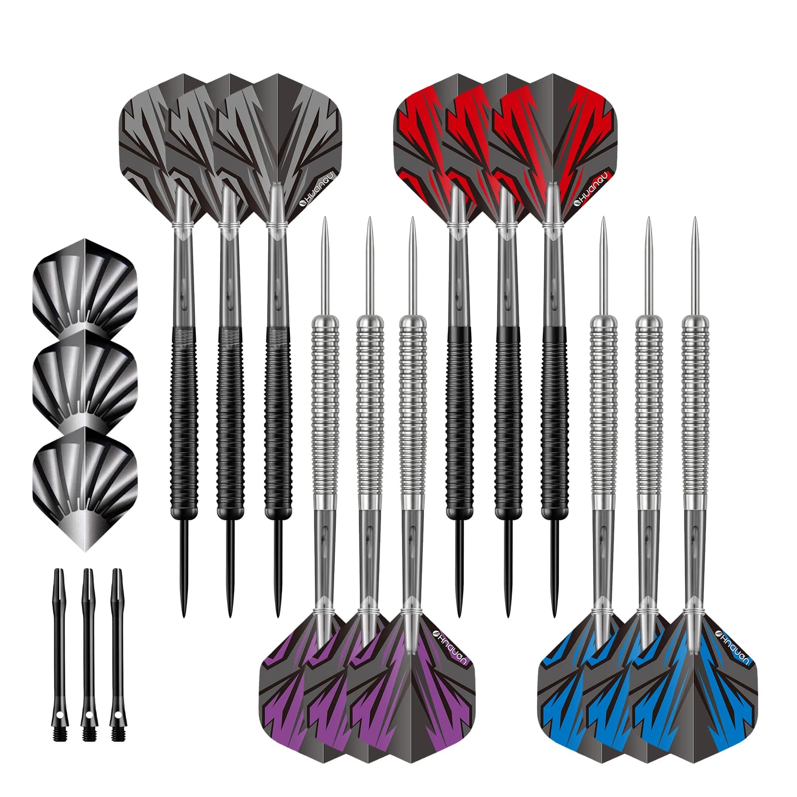 HUANQU 12Pcs Steel Tip Darts Set 18g Iron Barrel Darts with Spare Flights Aluminum Shafts Professional Dart Game Accessories