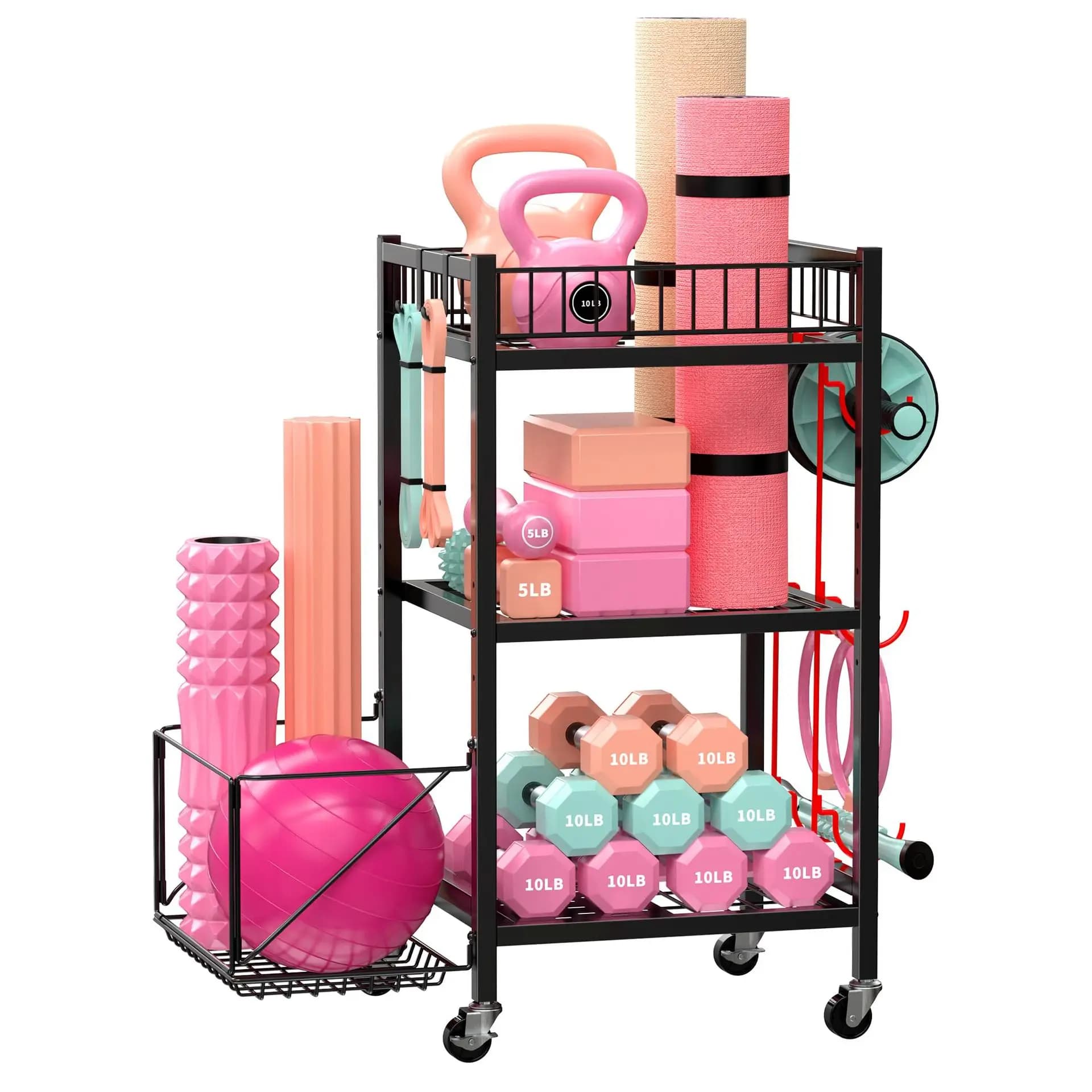 # Rack di Stoccaggio a Tre Livelli in Metallo per Yoga, per Pesi, Manubri, Kettlebell, Tappetini Yoga e Rulli in Schiuma